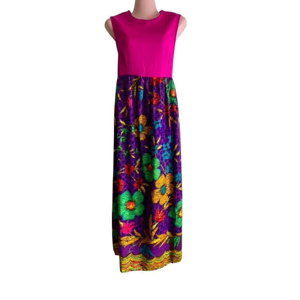 Vintage Maxi Dress Womens 14 Floral Bright Boho Sleeveless Orlon Acrylic 70s